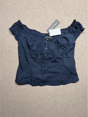 NWT Motel Rocks Dark Navy Off-The-Shoulder Cottagecore Button Down Top Size M